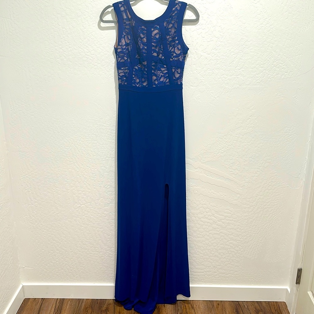 Morgan & Co. Paneled Glitter Lace Bodice Gown
